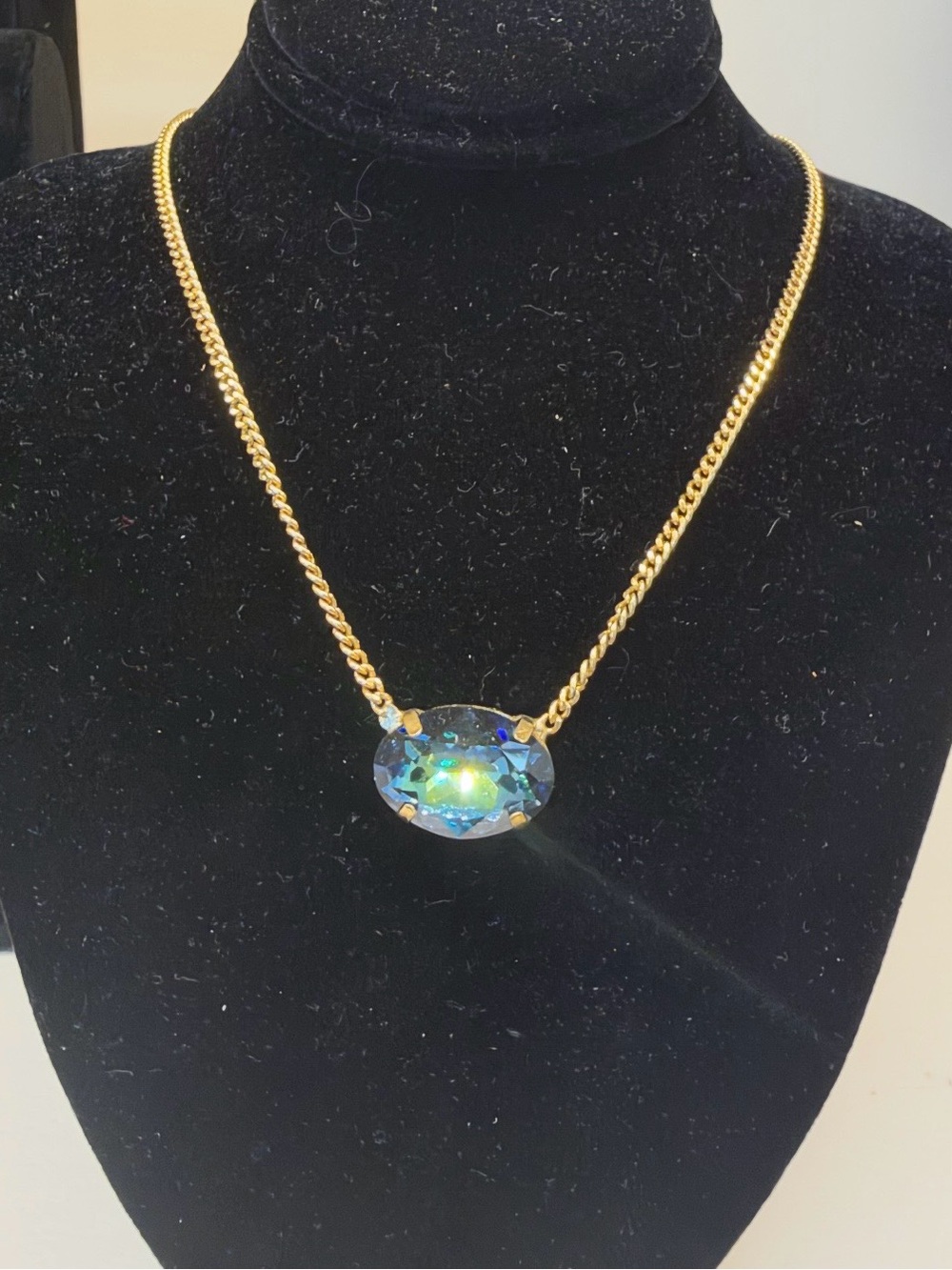 Gold Chain Necklace with Iridescent Blue-Green Crystal Pendant